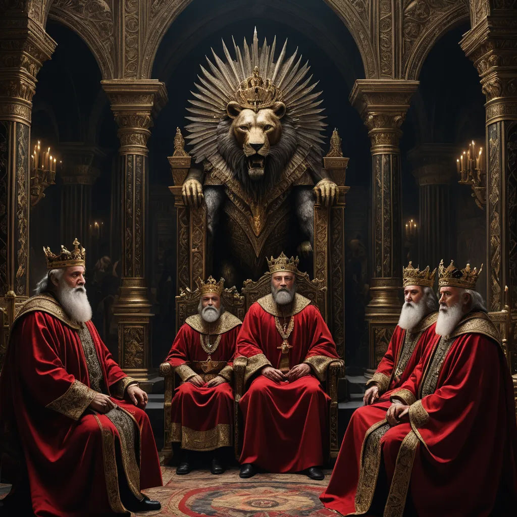 a group of men sitting on top of a throne in front of a lion statue and a lion statue, letterism, a detailed matte painting, Chris LaBrooy, photoreal