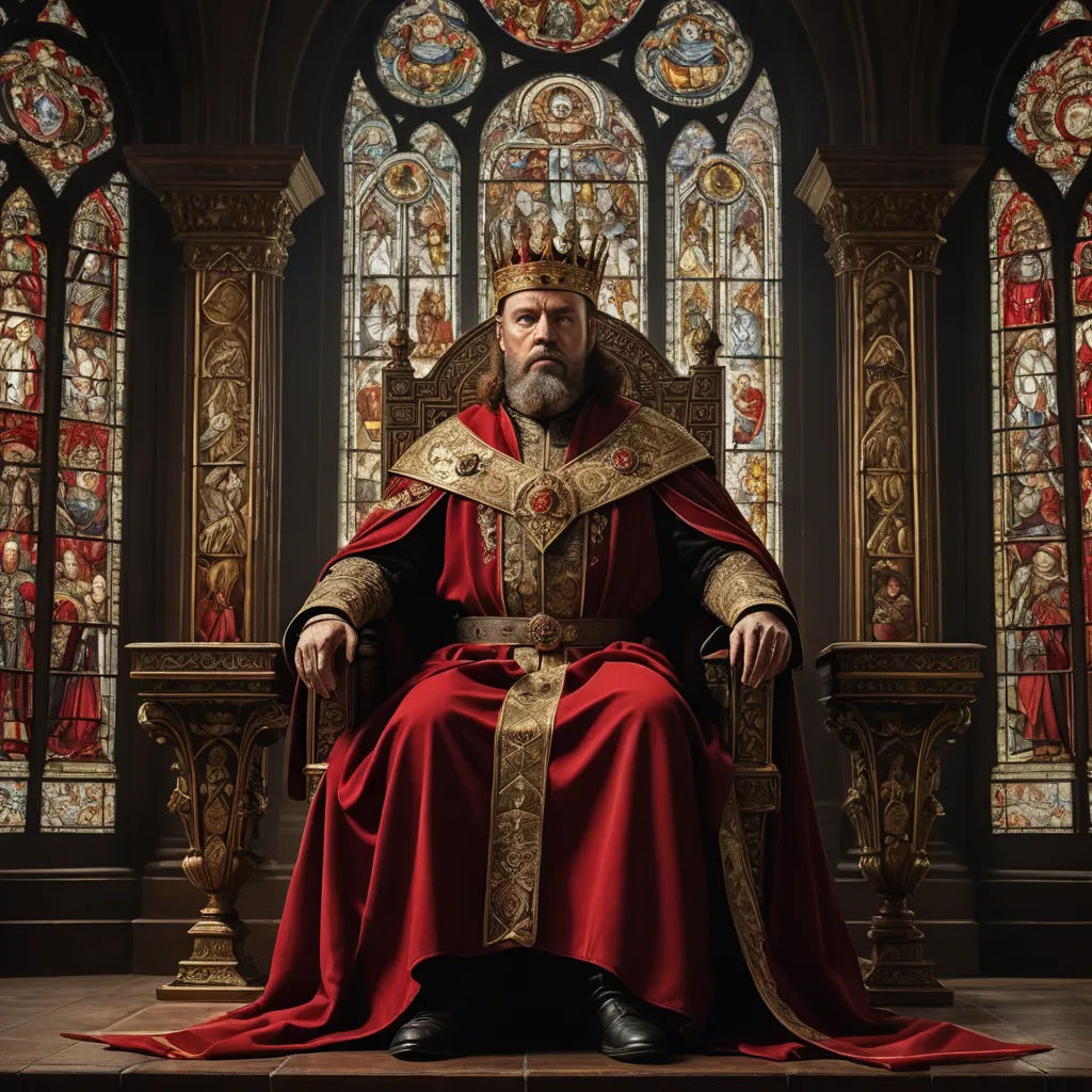 a man in a red robe sitting on a throne in front of a stained glass window with a gold crown, renaissance, computer graphics, Artur Tarnowski, promotional image