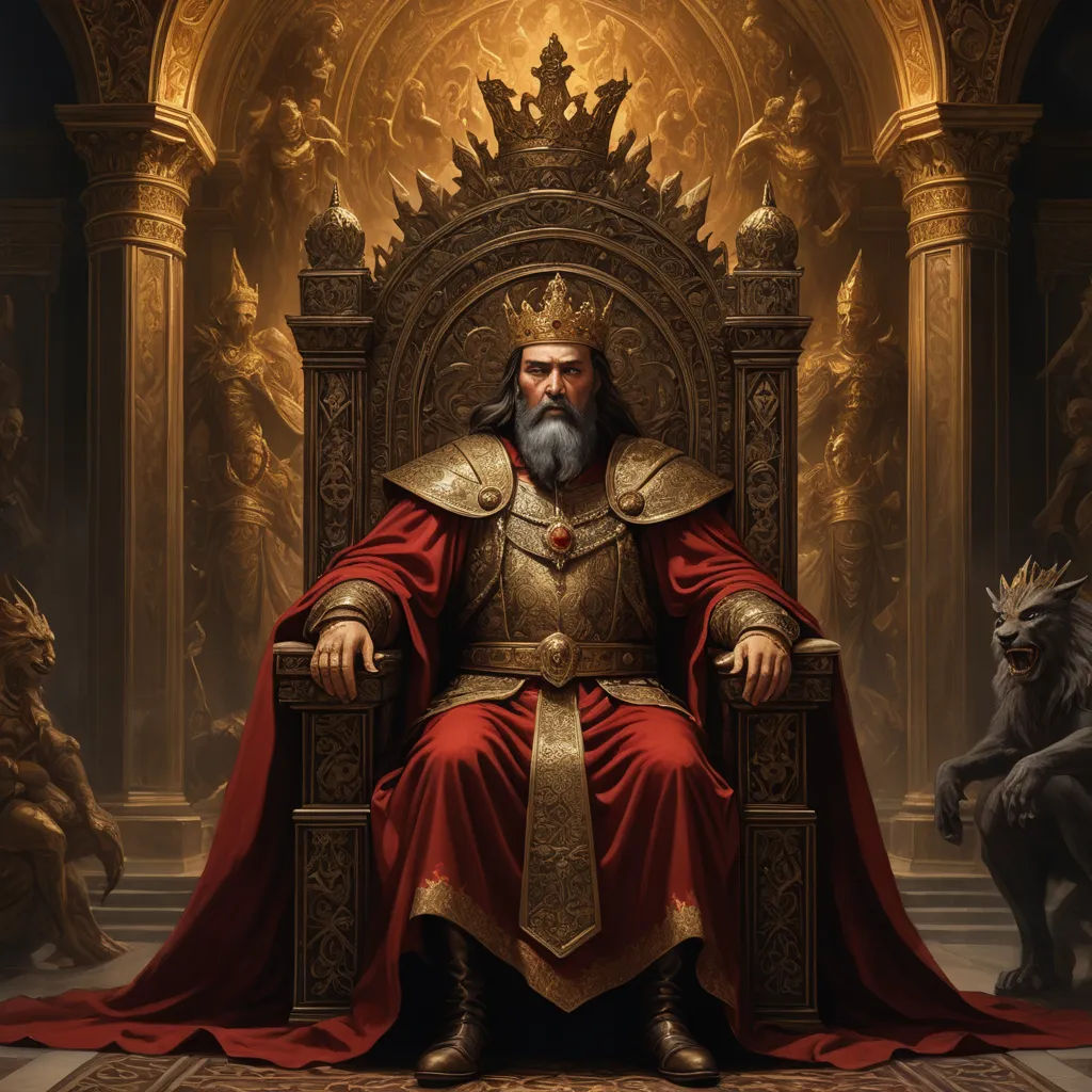 a man sitting on a throne with a beard and a beard in a red robe and gold crown on, fantasy art, an ultrafine detailed painting, Christophe Vacher, epic fantasy character art