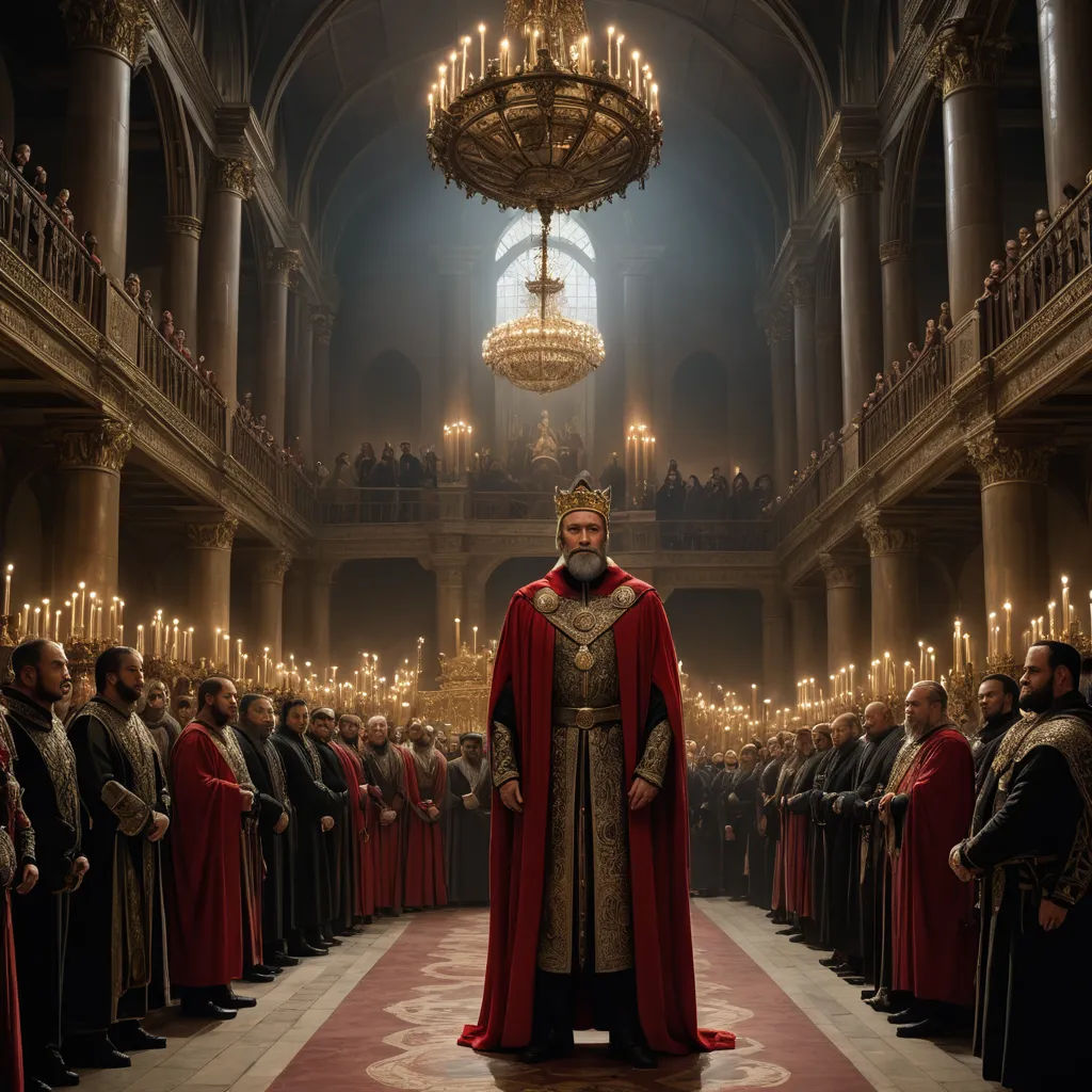 a man in a red robe stands in front of a large crowd of people in a church with a chandelier, renaissance, a detailed matte painting, Edward George Handel Lucas, vfx
