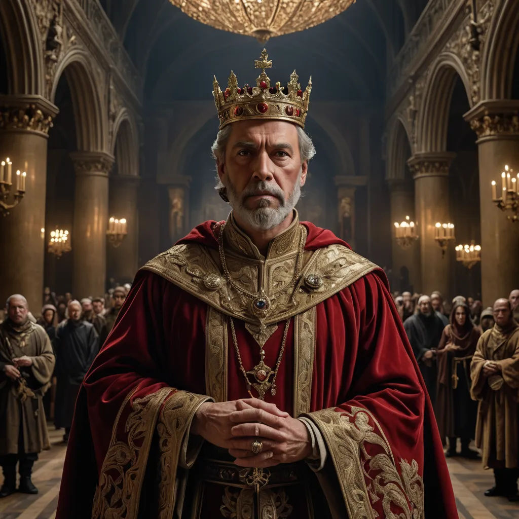 a man in a crown and robe standing in a room full of people with a chandelier hanging from the ceiling, renaissance, a detailed matte painting, Artur Tarnowski, promotional image