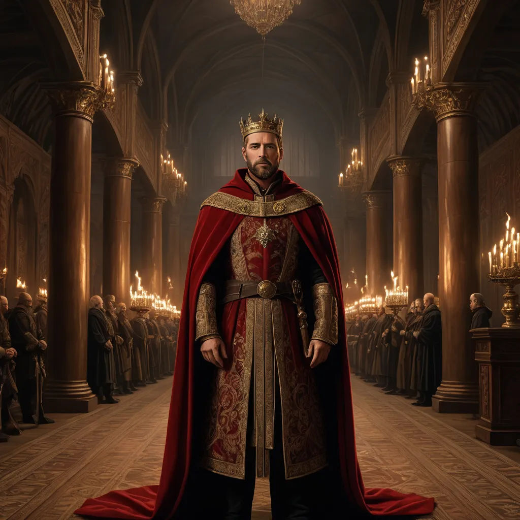 a man in a red and gold outfit standing in a hall with a crown on his head and a red cape on his shoulders, renaissance, a detailed matte painting, Edmund Greacen, promotional image