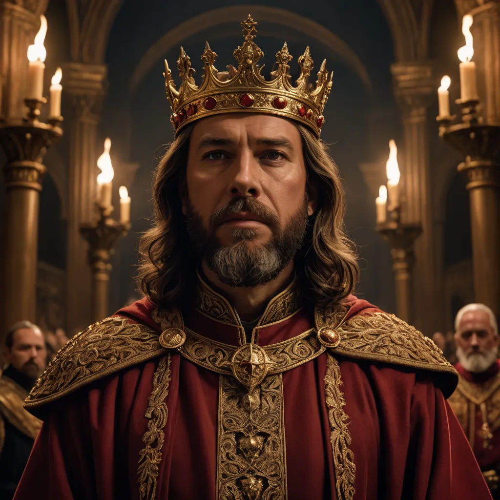 a man in a crown and a red robe with a gold crown on his head and a group of men in gold robes, letterism, a poster, Diego Gisbert Llorens, promotional image