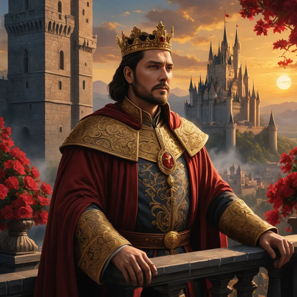 a man in a red and gold outfit standing on a balcony with a castle in the background and red flowers, sots art, a character portrait, Clint Cearley, magic the gathering artwork