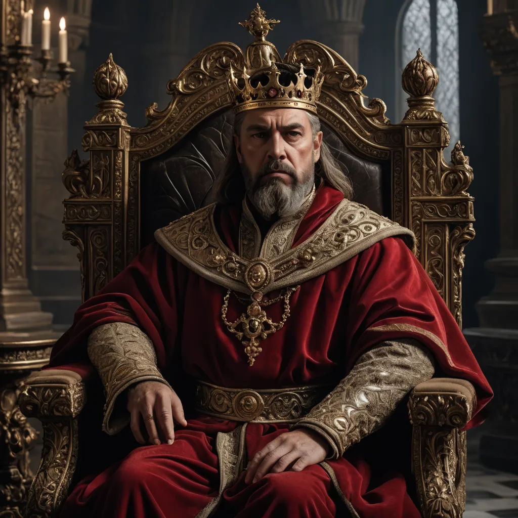 a man in a red robe sitting on a golden throne with a crown on his head and a candle in the background, letterism, poster art, Artur Tarnowski, promotional image