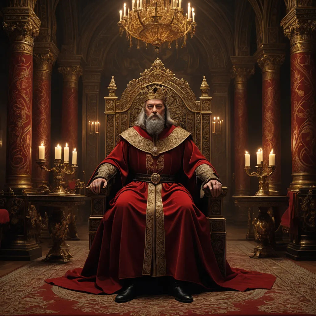 a man sitting on a throne in a room with candles and chandeliers in it, wearing a red robe, renaissance, a poster, Artur Tarnowski, promotional image