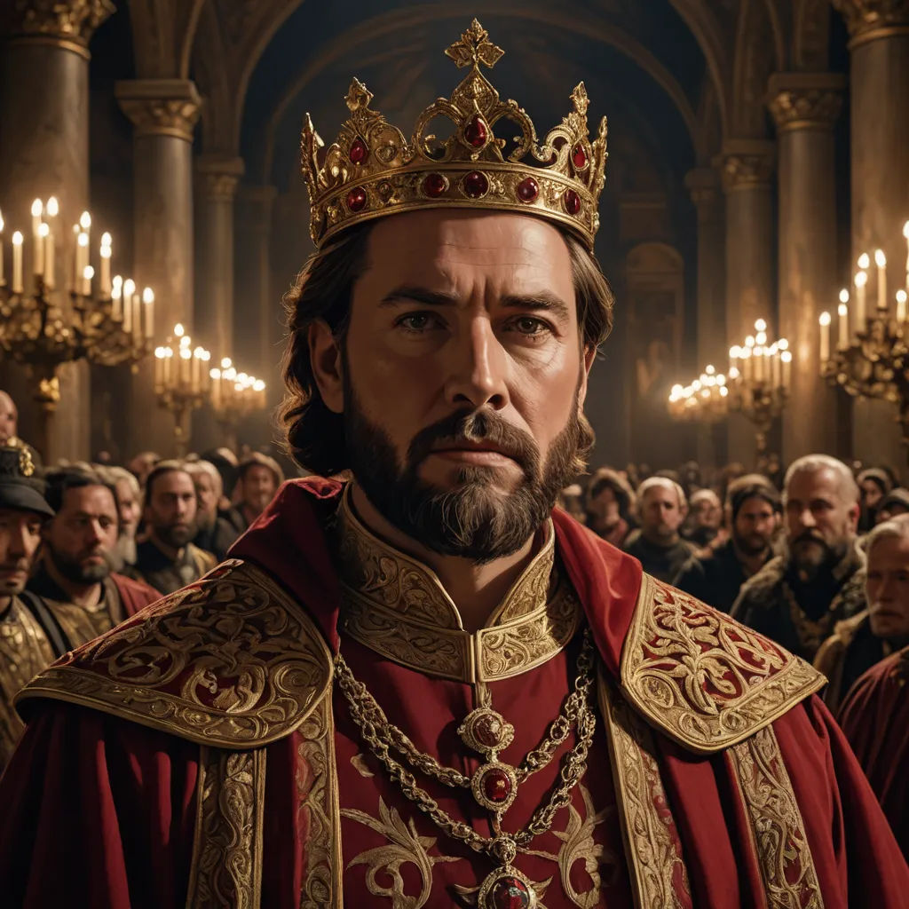 a man in a crown and a red robe in a crowd of people in a church with chandeliers, renaissance, a flemish Baroque, Eugenio de Arriba, regal