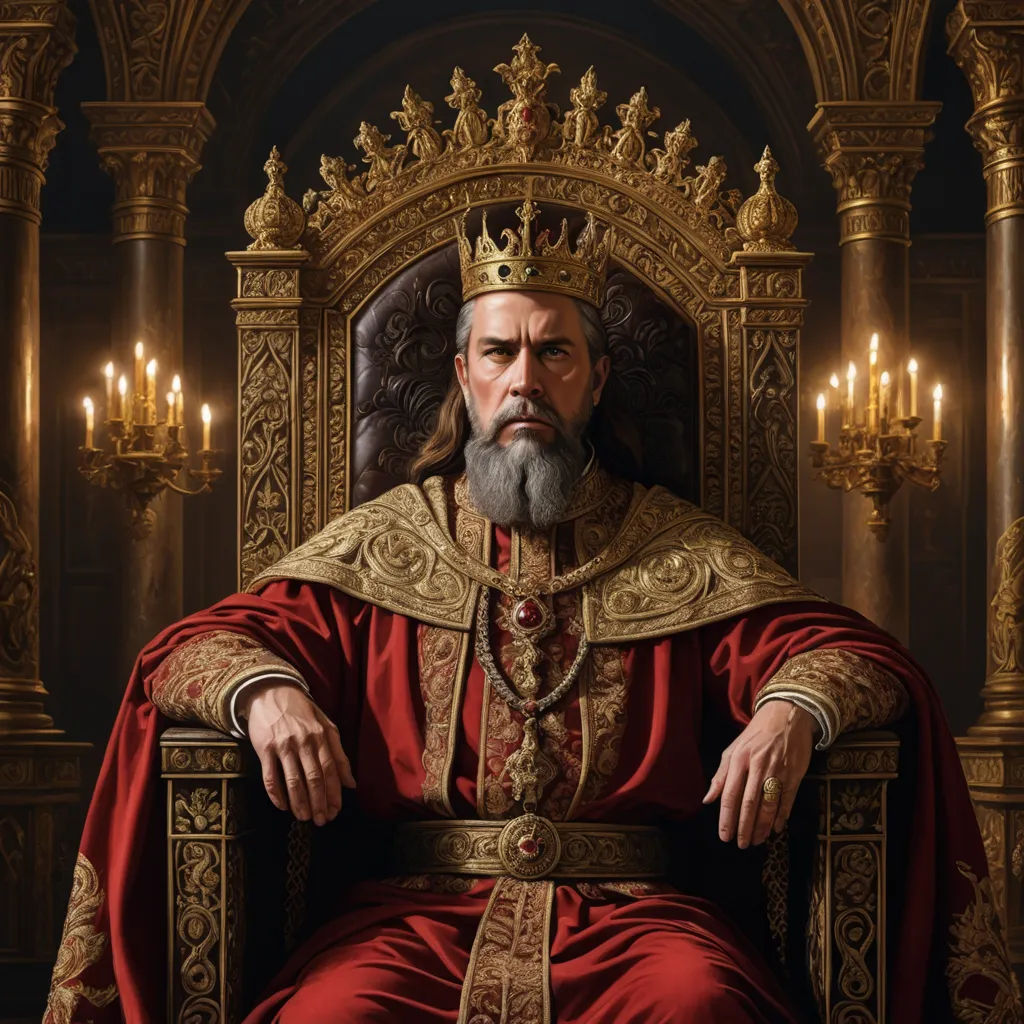 a man in a red robe sitting on a golden throne with a crown on his head and a beard, excessivism, an ultrafine detailed painting, Artur Tarnowski, highly detailed digital painting