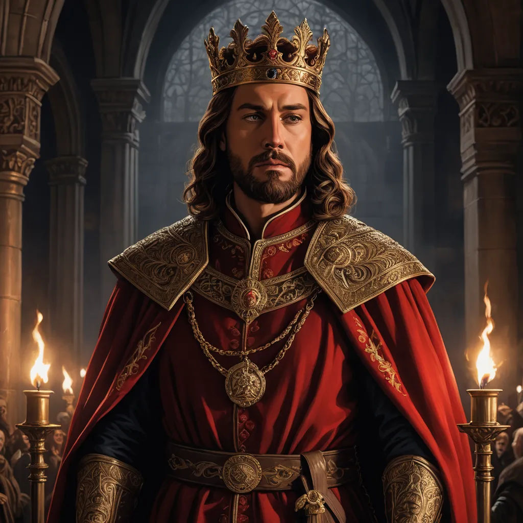 a man in a red and gold outfit with a crown on his head and a candle in his hand, sots art, a detailed painting, Donato Giancola, official art