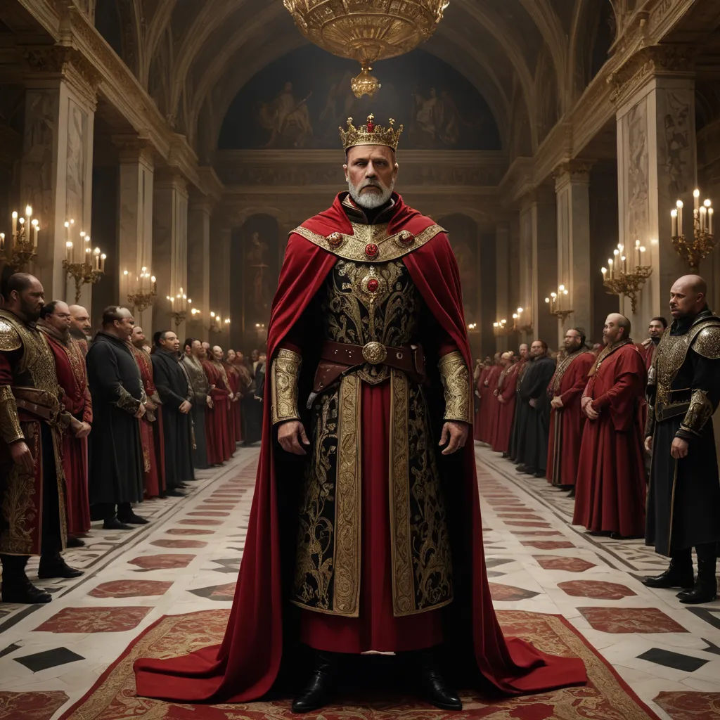 a man in a red and gold outfit standing in a hall with other men in red and gold robes, renaissance, a detailed matte painting, Edward George Handel Lucas, movie still
