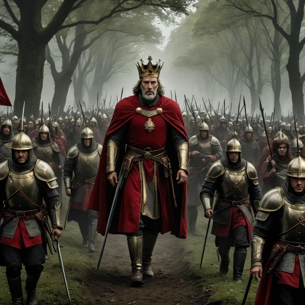 a group of men in medieval armor walking through a forest with trees in the background and a man in a crown, antipodeans, a detailed matte painting, Artur Tarnowski, weta digital