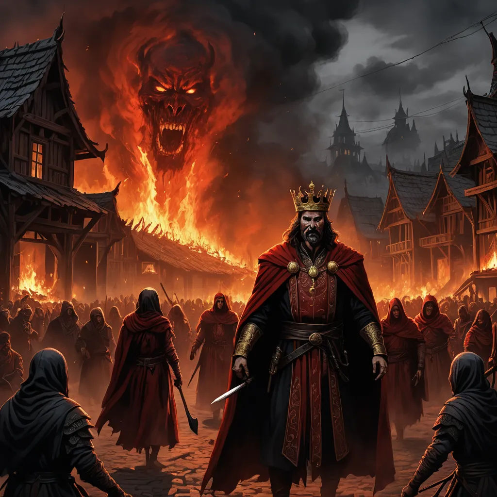 a painting of a man in a crown standing in front of a fire filled town with a demon on it, fantasy art, concept art, Andreas Rocha, dark fantasy art