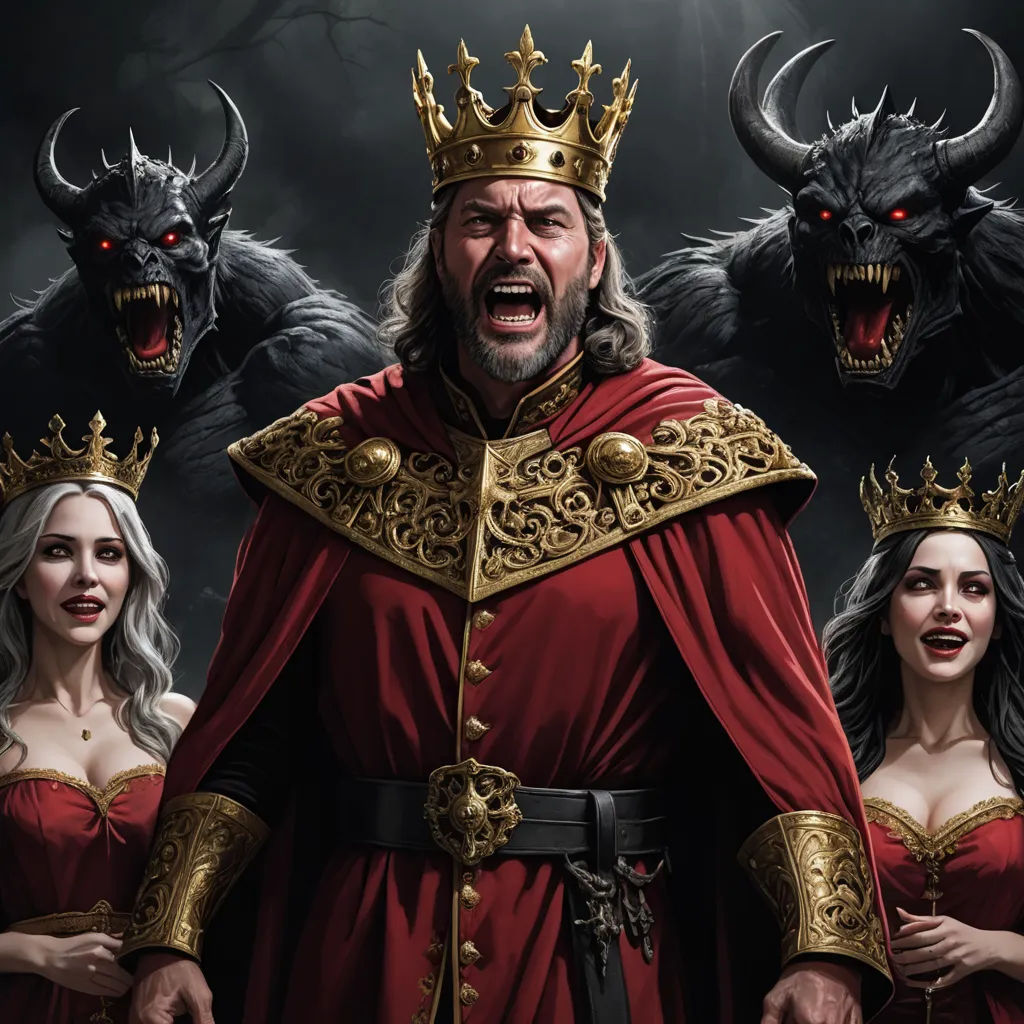 a man in a red robe and crown standing next to two women in red dresses and demon heads on their heads, fantasy art, concept art, Christophe Vacher, epic fantasy character art