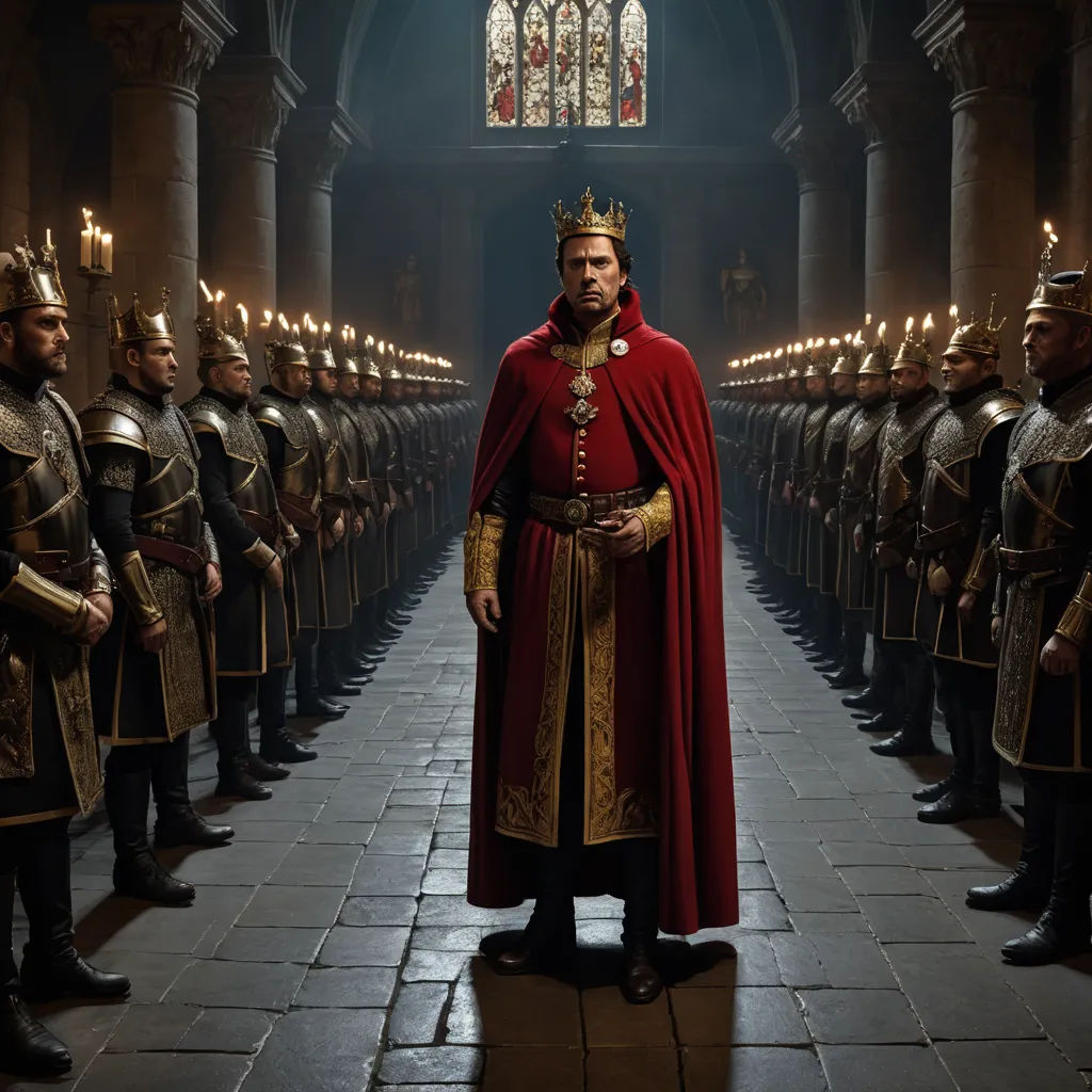 a man in a red cape standing in front of a line of men in armor and holding torches in a church, letterism, a detailed matte painting, Ed Benedict, promotional image