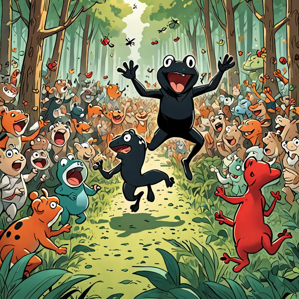 a cartoon of a group of animals in a forest with a person jumping up in the air to catch a frisbee, Asaf Hanuka, official art, a comic book panel, les nabis