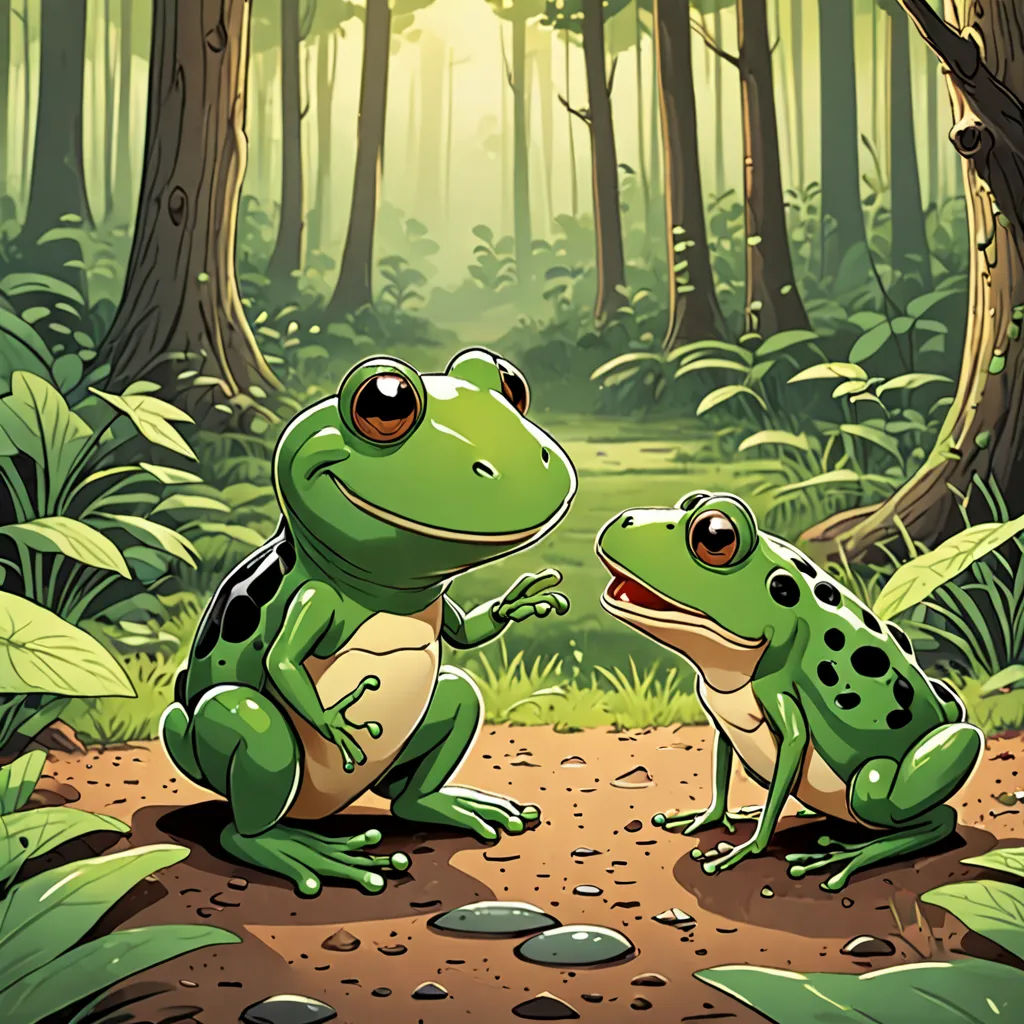 two frogs sitting on a dirt path in a forest with trees and plants around them, one of them is touching the other, Andries Stock, storybook illustration, a storybook illustration, serial art