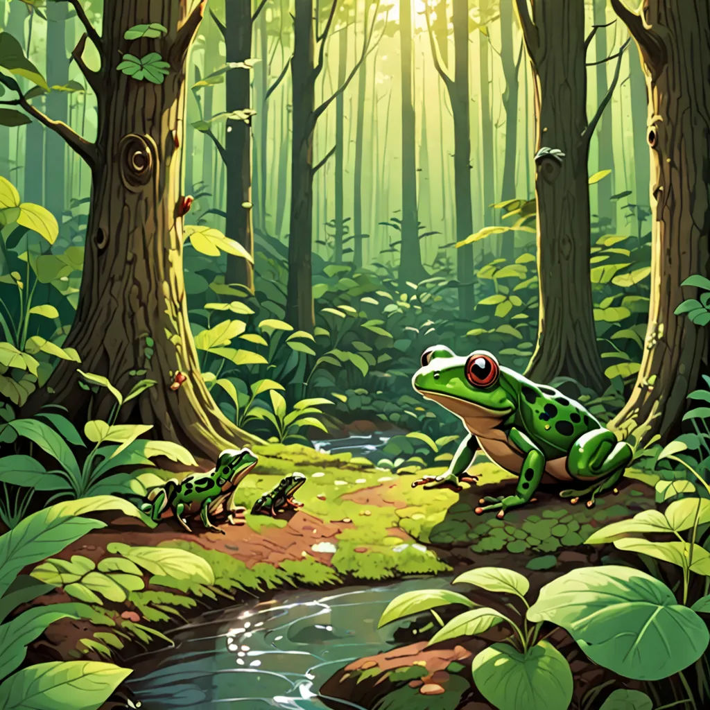 a frog sitting on a rock in a forest with a stream running through it and a forest with lots of trees and plants, Andries Stock, rossdraws global illumination, a storybook illustration, fantasy art