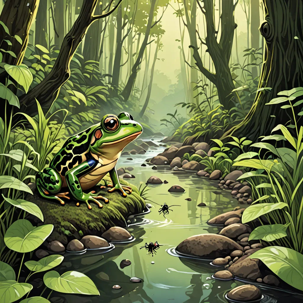 a frog sitting on a rock in a forest with a stream running through it and lots of leaves surrounding it, Andries Stock, storybook illustration, a storybook illustration, fantasy art
