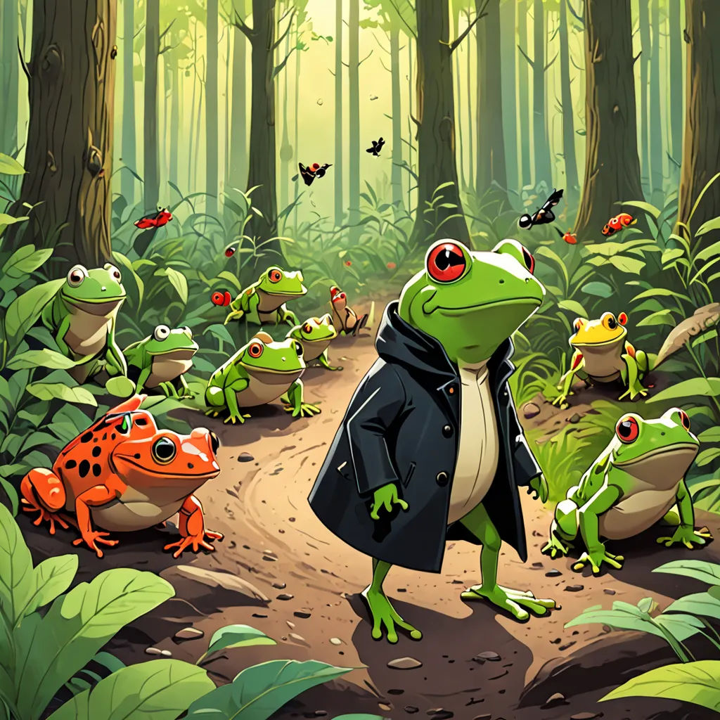 a frog in a black coat is surrounded by frogs in a forest with butterflies flying overhead and a man in a black coat is standing in the middle of the, Andries Stock, storybook illustration, a storybook illustration, serial art