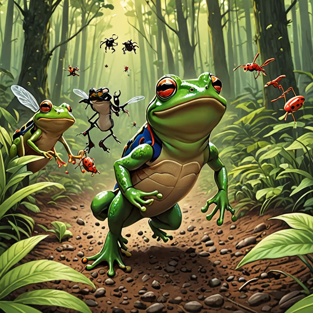 a frog and a fly in a forest with a lot of bugs flying around it and a frog on the ground, Craola, hearthstone, concept art, altermodern