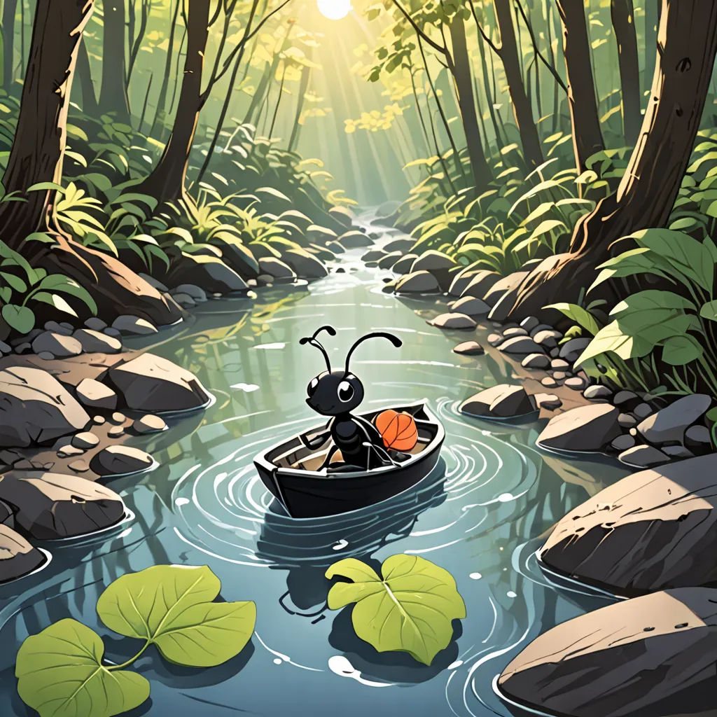 a cartoon of a bug in a boat in a river with lily pads and a sunbeam in the background, Cliff Childs, storybook illustration, a storybook illustration, environmental art