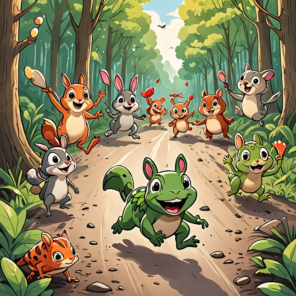 a group of animals running across a forest road together in front of a forest with a frog and other animals, Andries Stock, behance hd, a storybook illustration, lyco art