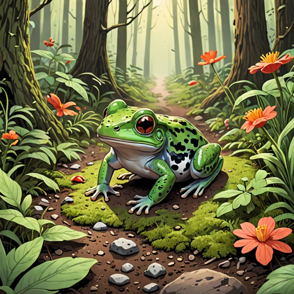 a frog sitting on a rock in a forest with flowers and plants around it, with a path leading to the frog, Chris LaBrooy, magic the gathering artwork, a storybook illustration, fantasy art