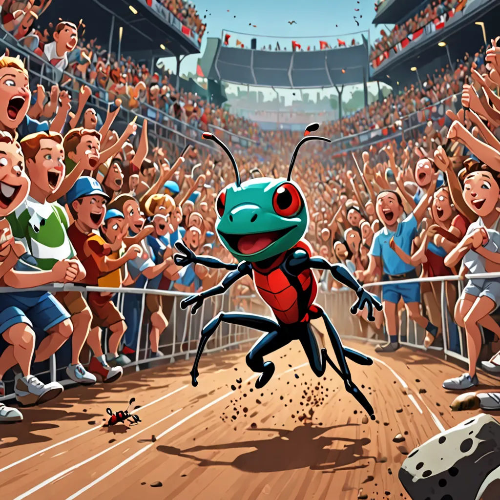 a bug is running across a track in front of a crowd of people in a stadium with their hands up, Cliff Childs, promotional image, a comic book panel, figuration libre