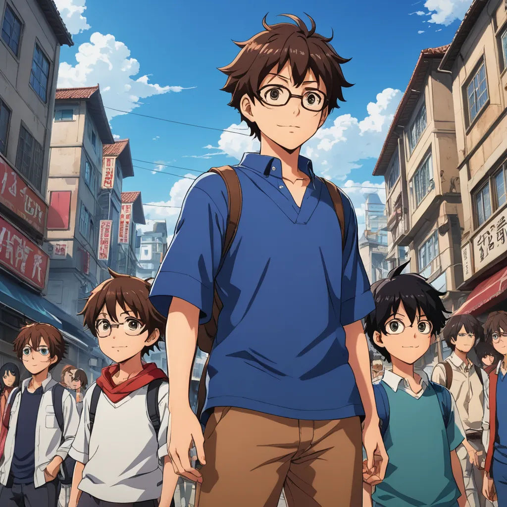 a man standing in front of a group of people in a city street with buildings in the background and a sky background, rayonism, concept art, Ai-Mitsu, ufotable
