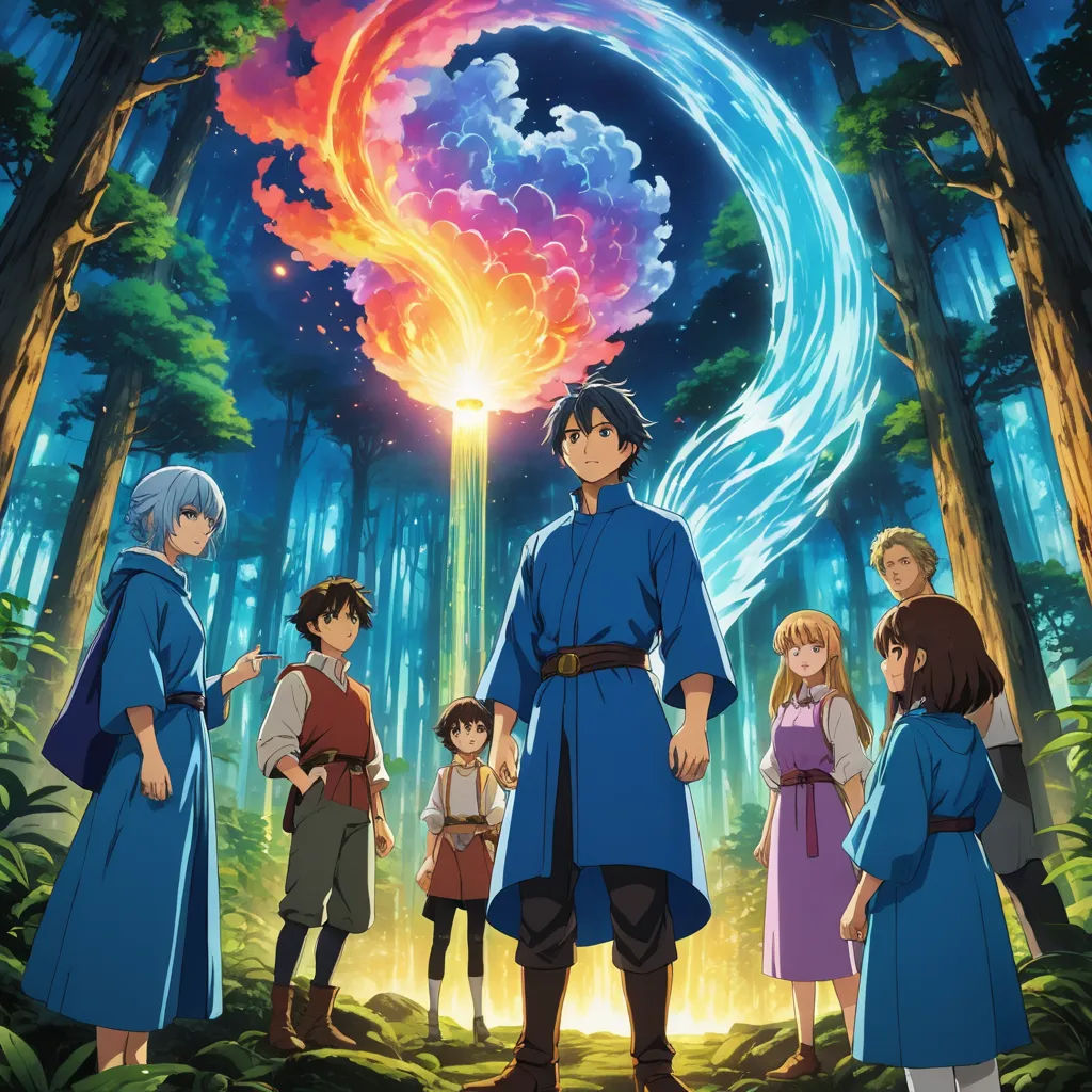 a group of people standing in front of a forest with a giant object in the sky above them and a man in a blue dress, rayonism, a poster, Eden Box, official art