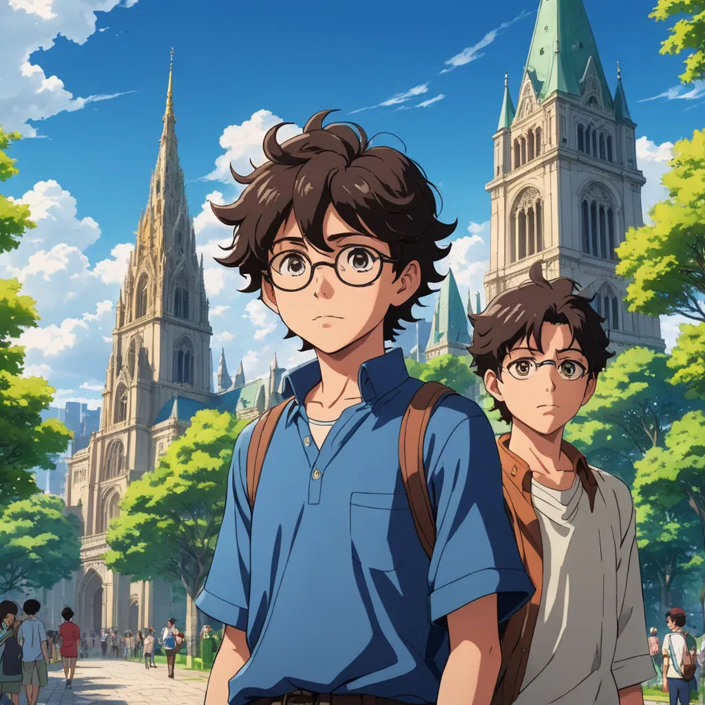 a couple of people standing in front of a building with a sky background and trees in the foreground, serial art, poster art, Cedric Seaut (Keos Masons), anime key visual