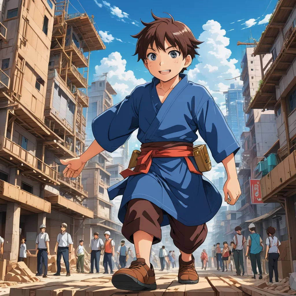 a man in a blue robe is running through a city street with people in the background and a sky with clouds, rayonism, concept art, Baiōken Eishun, anime key visual