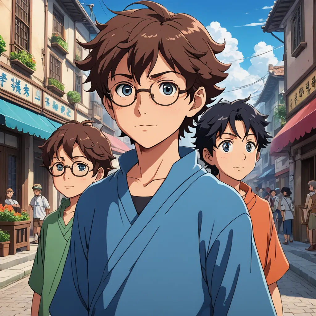 a man in a blue shirt and glasses standing in front of a group of people in a city street, rayonism, concept art, Ai-Mitsu, ufotable