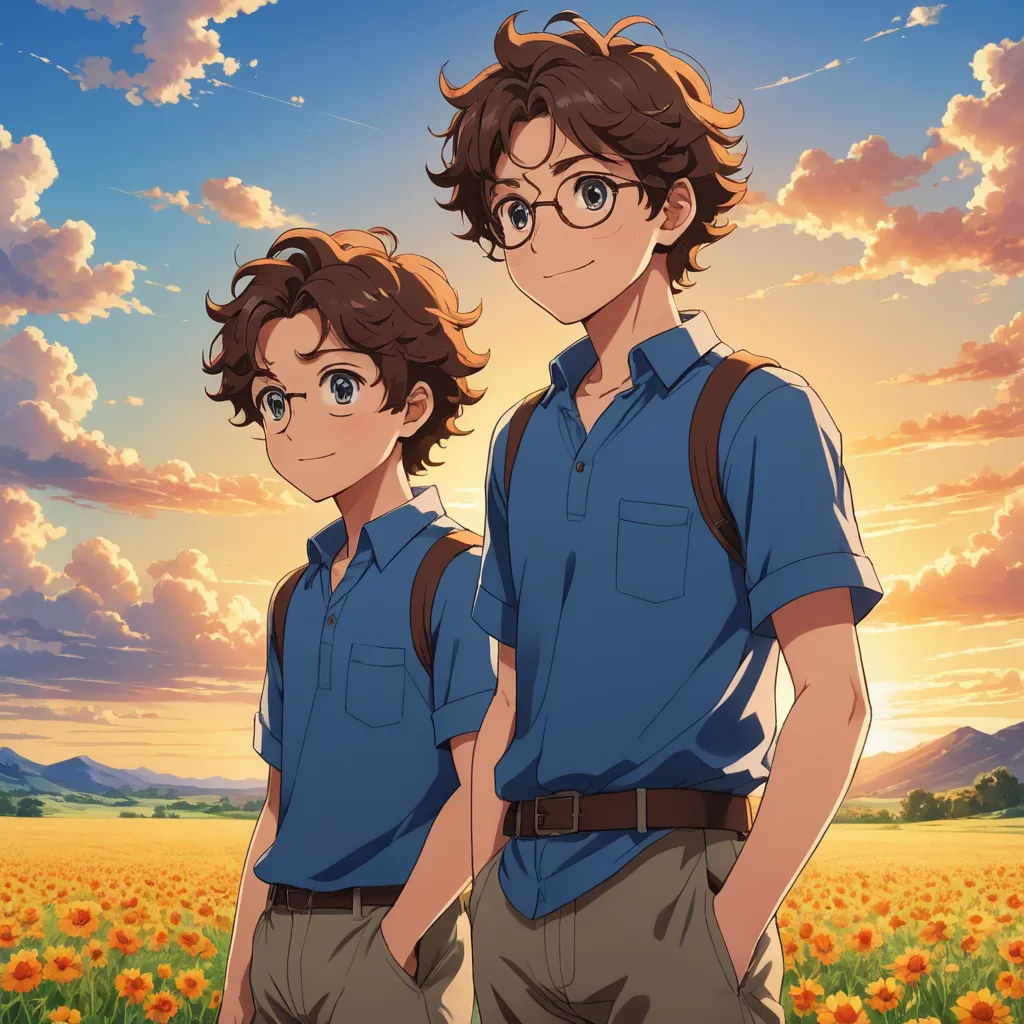 two people standing in a field of flowers with the sun in the background and clouds in the sky above, serial art, an album cover, Brothers Hildebrandt, official art