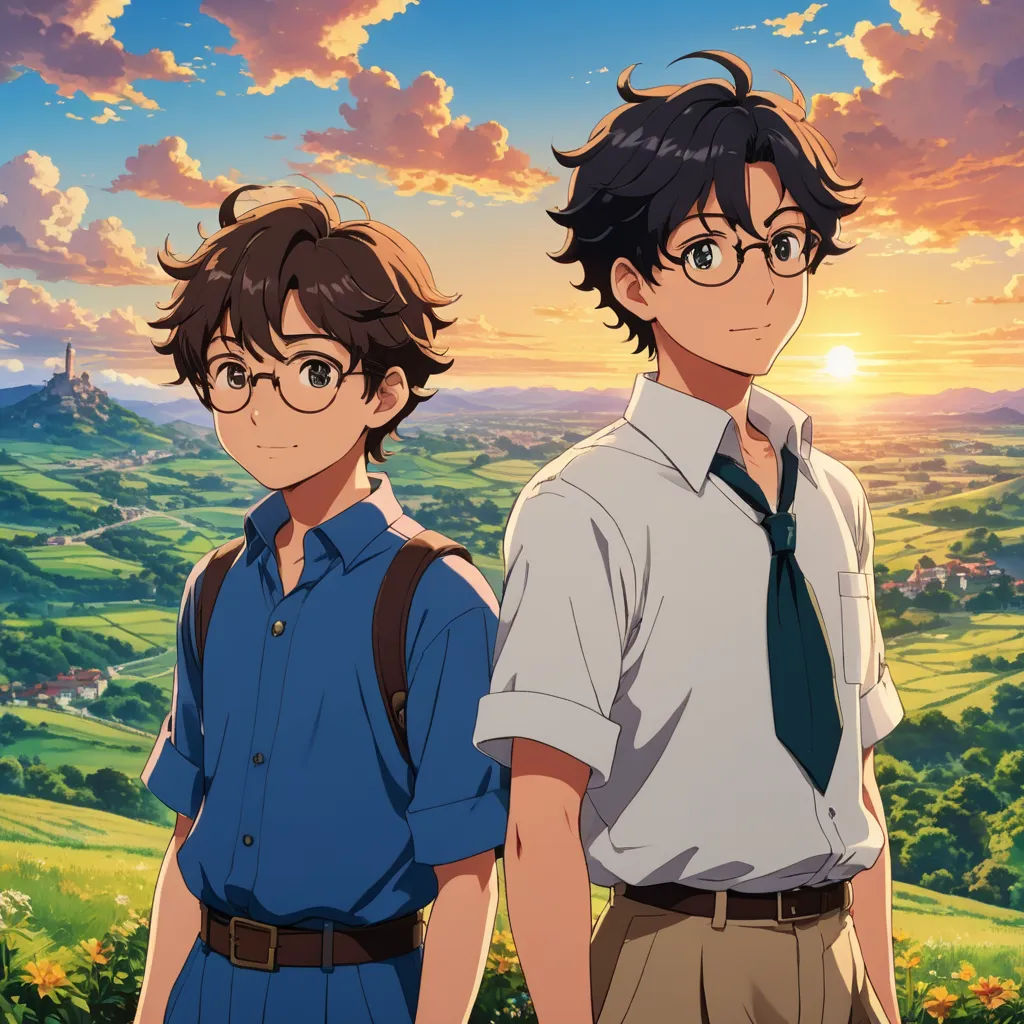 two people standing in front of a sunset with a mountain in the background and a sky with clouds in the background, serial art, poster art, Brothers Hildebrandt, anime key visual