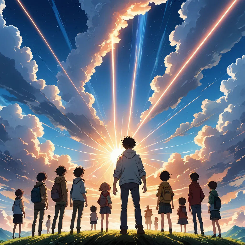 a group of people standing on top of a hill under a cloudy sky with a sun shining through the clouds, rayonism, poster art, Anne Said, anime key visual
