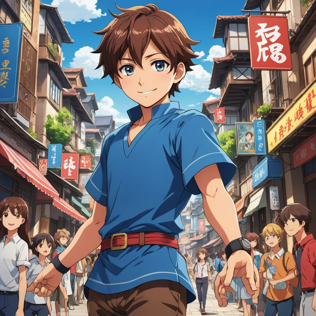 a man in a blue shirt and brown pants standing in front of a crowd of people on a city street, rayonism, concept art, Cedric Seaut (Keos Masons), anime key visual