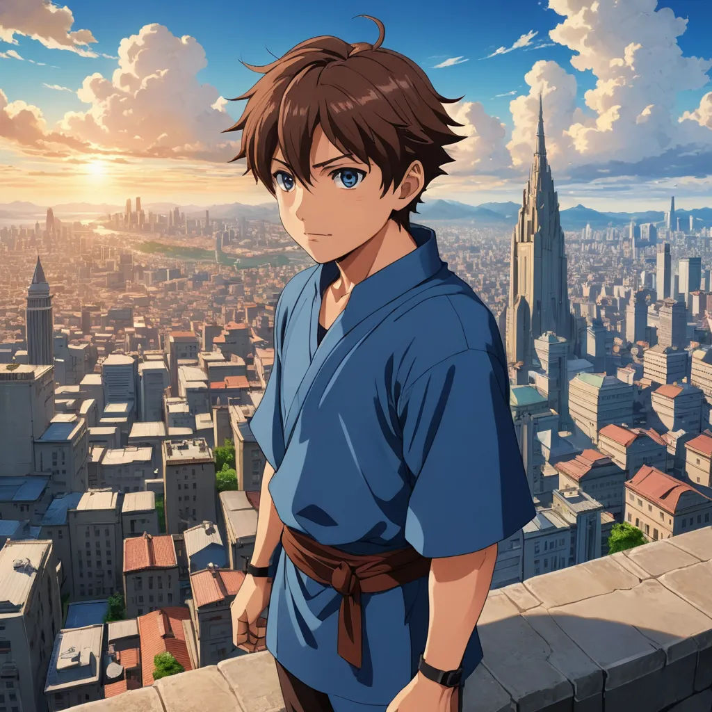 a man standing on top of a building next to a city skyline with a sky background and clouds in the sky, dau-al-set, a detailed matte painting, Cedric Seaut (Keos Masons), anime key visual