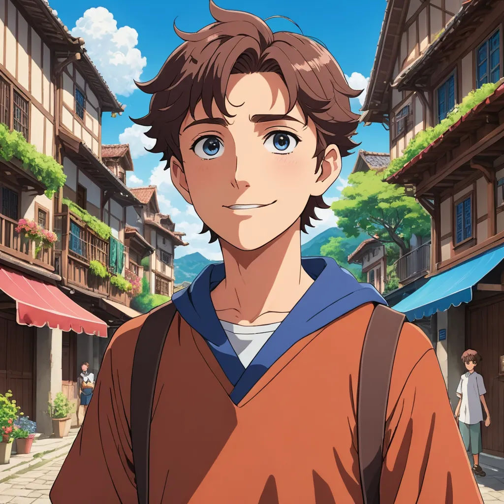 a man standing in front of a building with a backpack on his shoulder and a woman standing in the background, sots art, a character portrait, Cedric Seaut (Keos Masons), ufotable