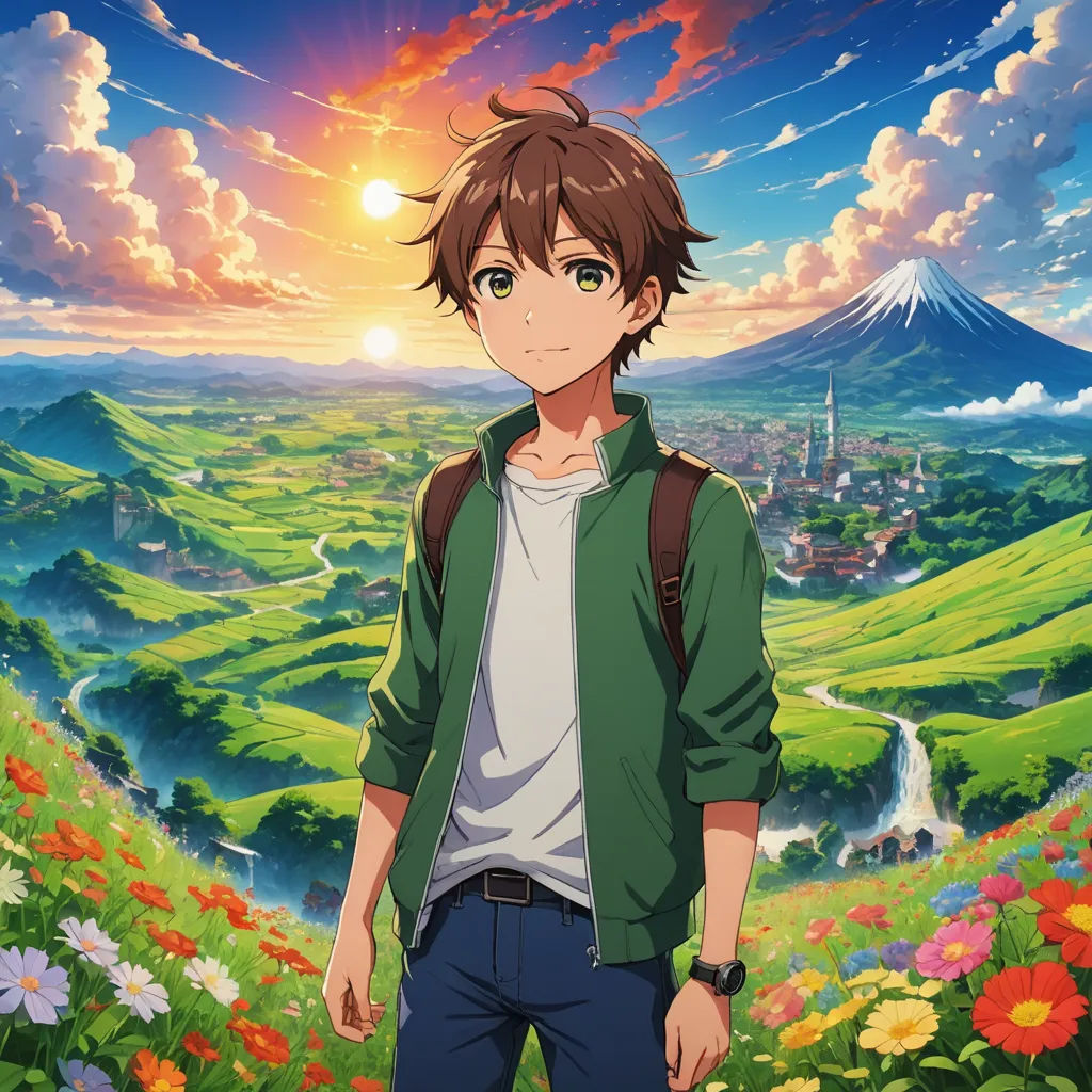 a man standing in front of a mountain with a sunset in the background and flowers in the foreground, sots art, a character portrait, Ai-Mitsu, anime key visual