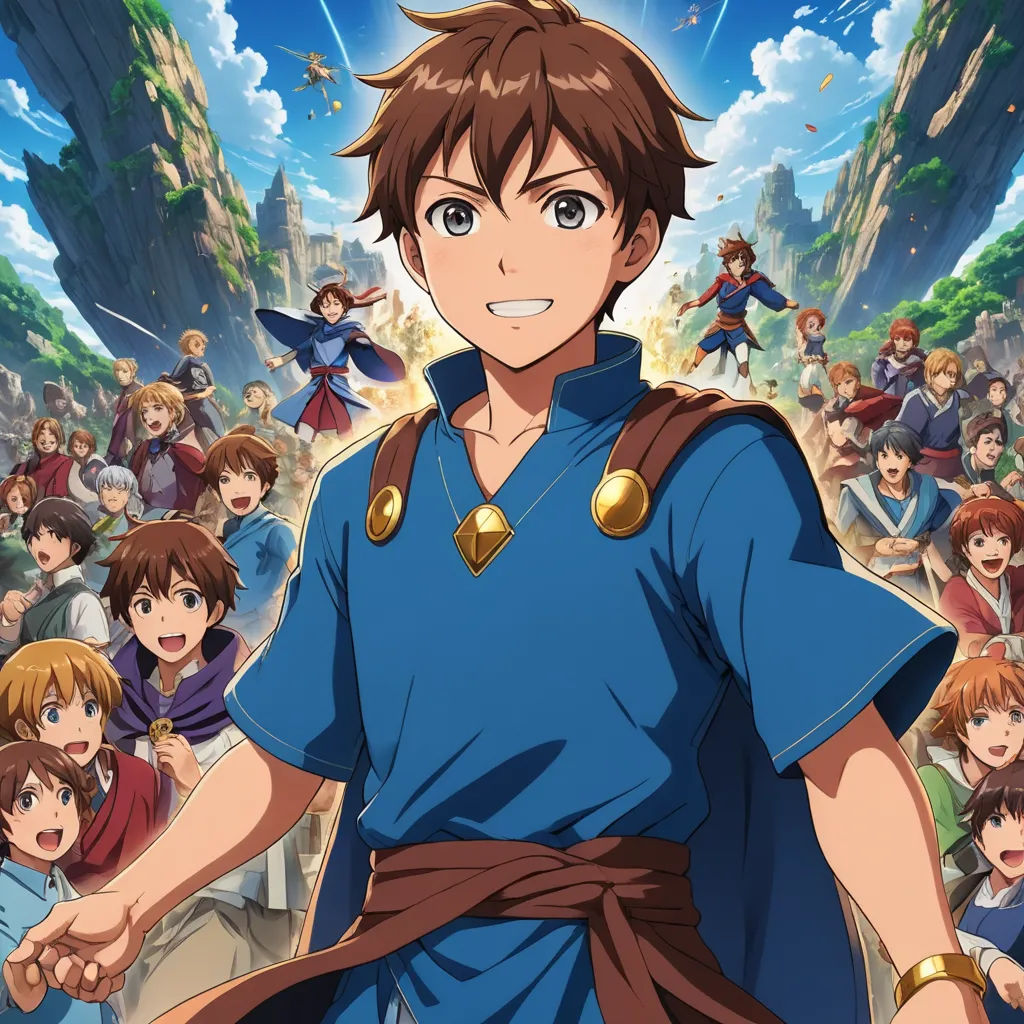 a man in a blue shirt and a crowd of people in the background with a sword in his hand, rayonism, concept art, Adam Manyoki, anime key visual
