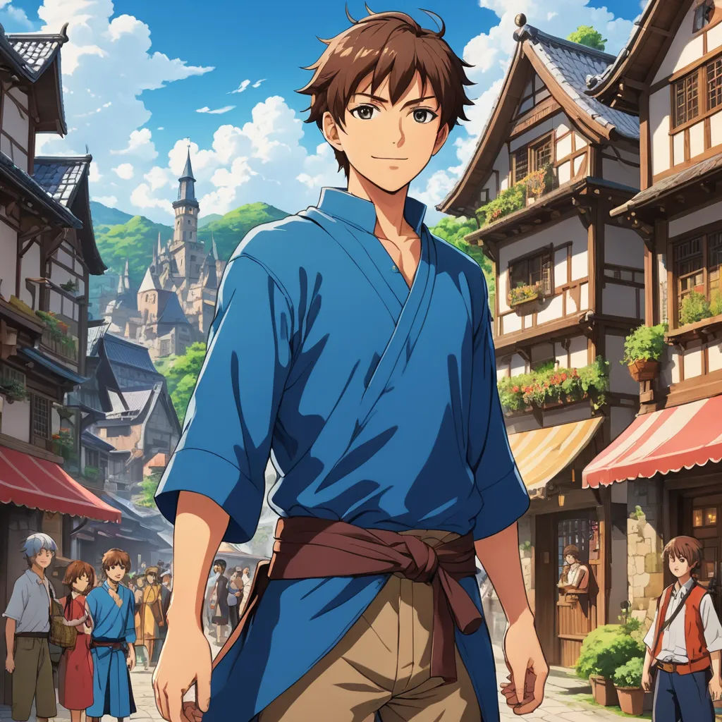 a man in a blue shirt and tan pants standing in front of a building with a crowd of people, dau-al-set, concept art, Cedric Seaut (Keos Masons), ufotable