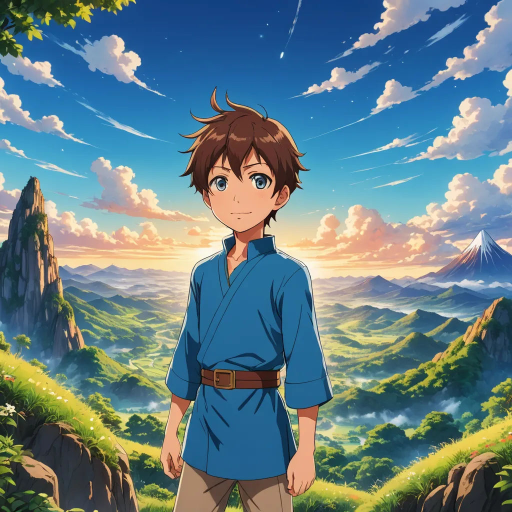 a young man standing in front of a mountain with a sky background and clouds above him, in the foreground is a mountain with a valley and a few trees, dau-al-set, a matte painting, Adam Manyoki, anime key visual