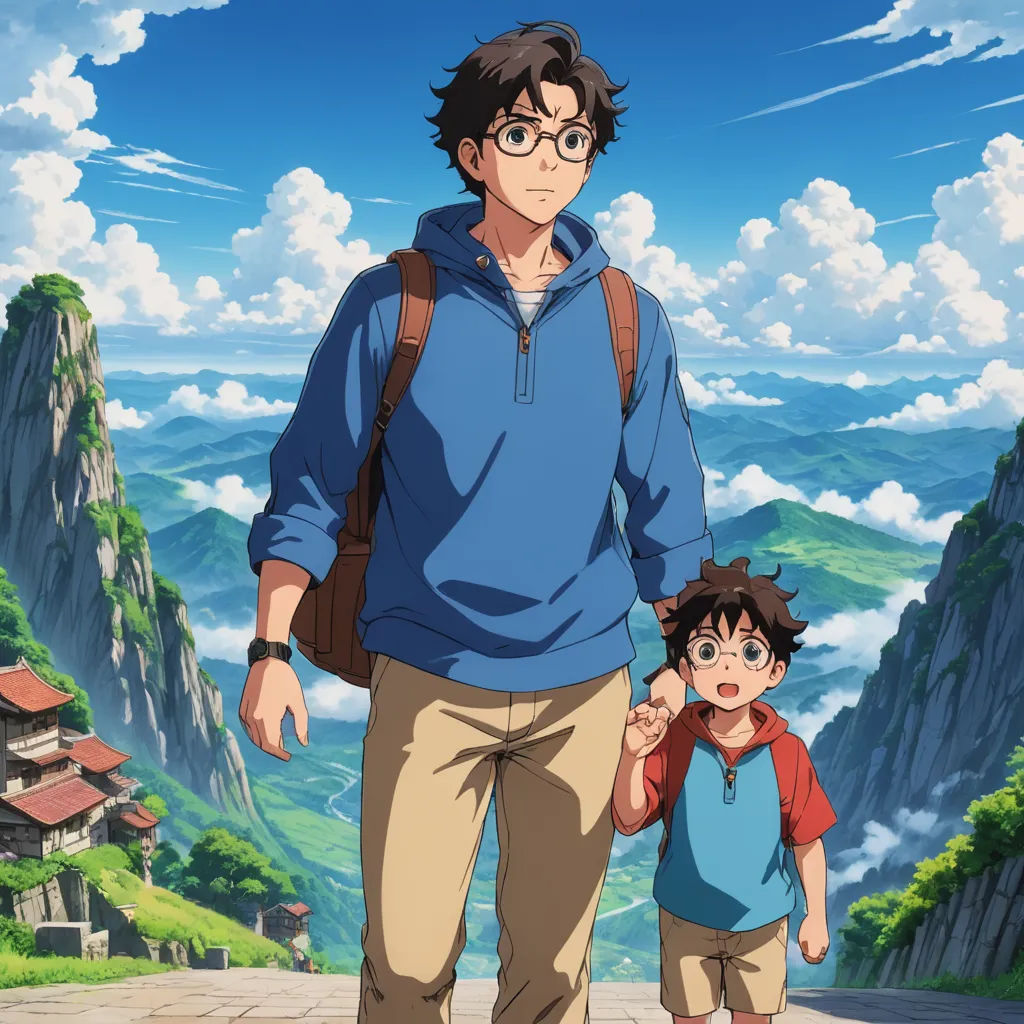 a man and a child walking in front of a mountain range with a sky background and clouds in the background, serial art, a poster, David Budd, anime key visual