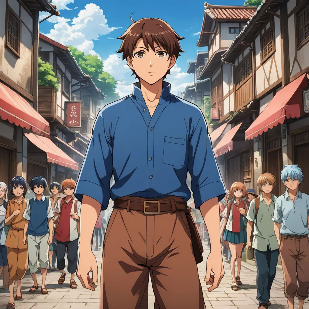 a man standing in front of a crowd of people in a city street with buildings and people walking around, visual art, a poster, Baiōken Eishun, anime key visual