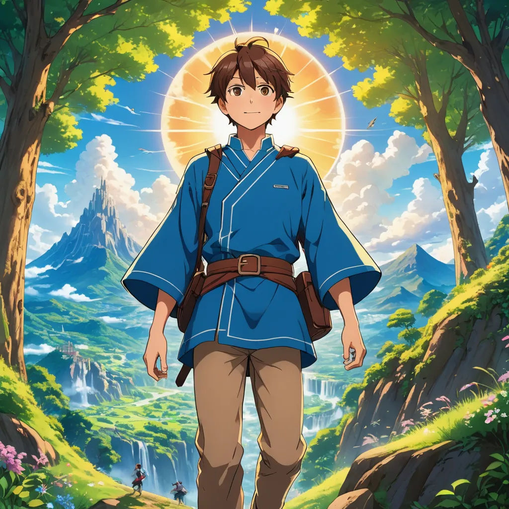 a man in a blue shirt and brown pants walking through a forest with a mountain in the background and a sun above him, rayonism, poster art, Armin Hansen, anime key visual