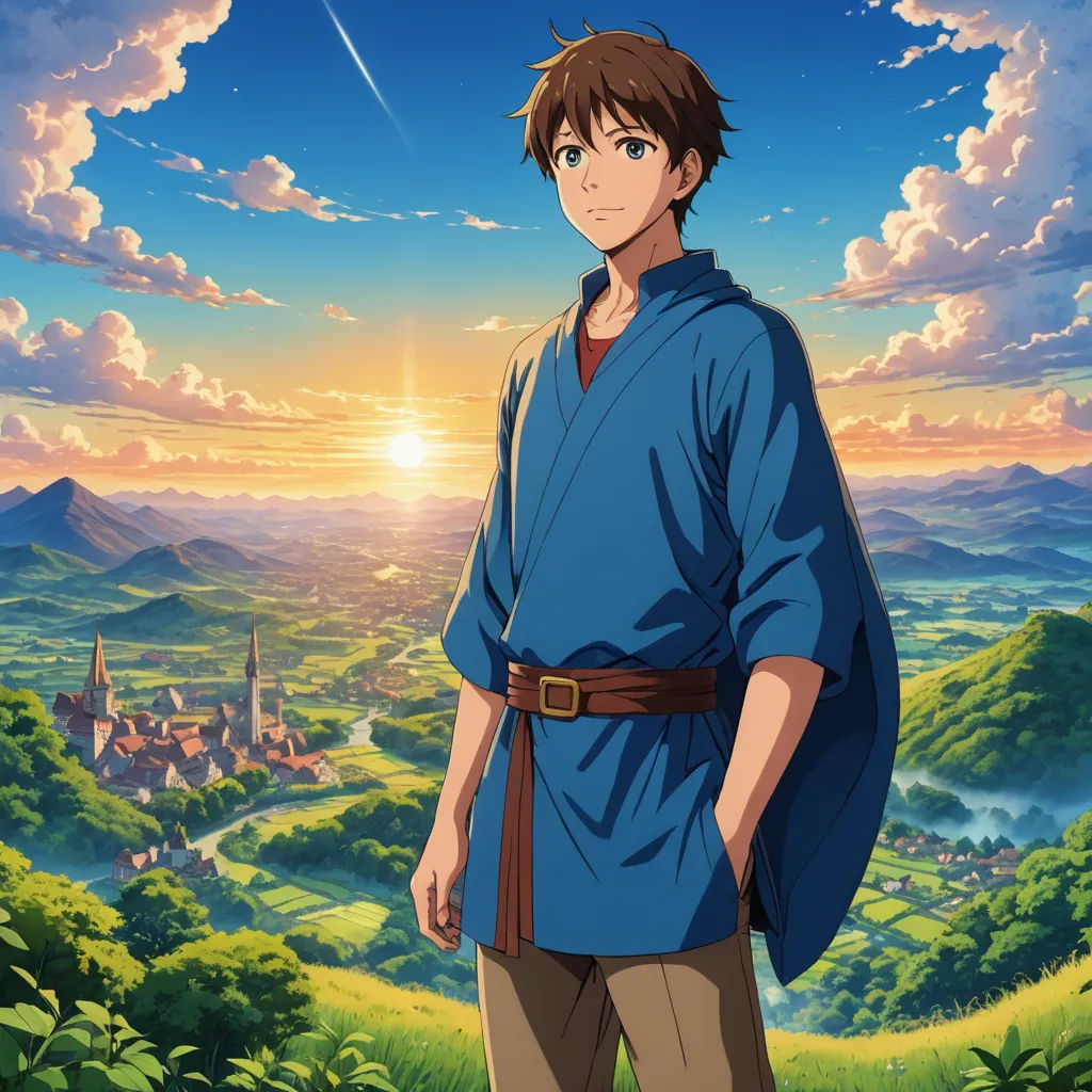a man standing in front of a lush green field with a castle in the background and a sunset behind him, dau-al-set, poster art, Cedric Seaut (Keos Masons), anime key visual