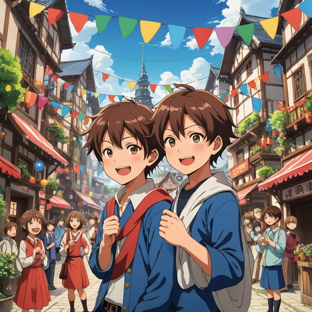 a couple of people standing in front of a crowd of people on a street with flags and bunting, sots art, concept art, disney, anime key visual