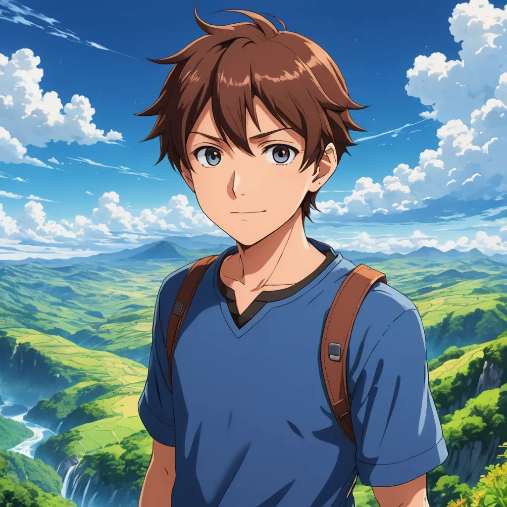 a man with a backpack standing in front of a mountain range with a river running through it and a blue sky with clouds, sots art, a character portrait, Aguri Uchida, official art