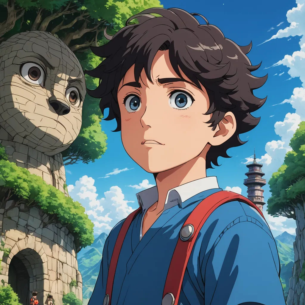 a man with a backpack standing in front of a tree and a building with a face on it's face, fantasy art, a character portrait, Cedric Seaut (Keos Masons), official art